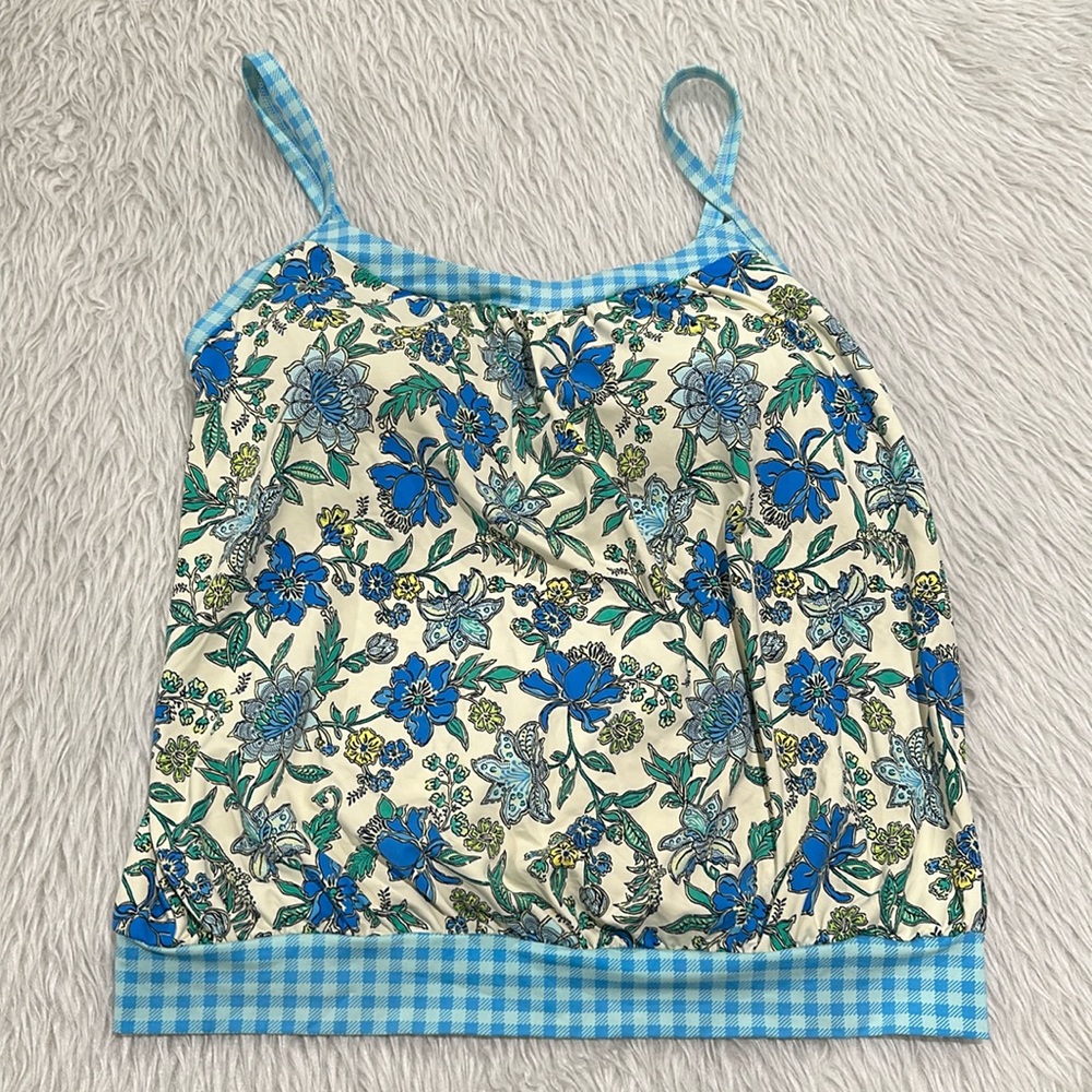 Lands end blue floral gingham swimsuit top size 10